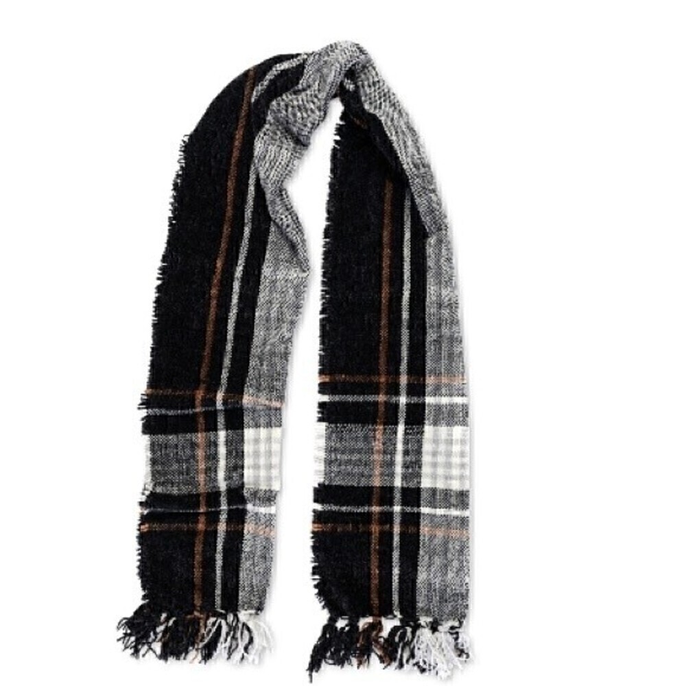 Charter Club Border Plaid Wrap Scarf Black brown gray Chenille New